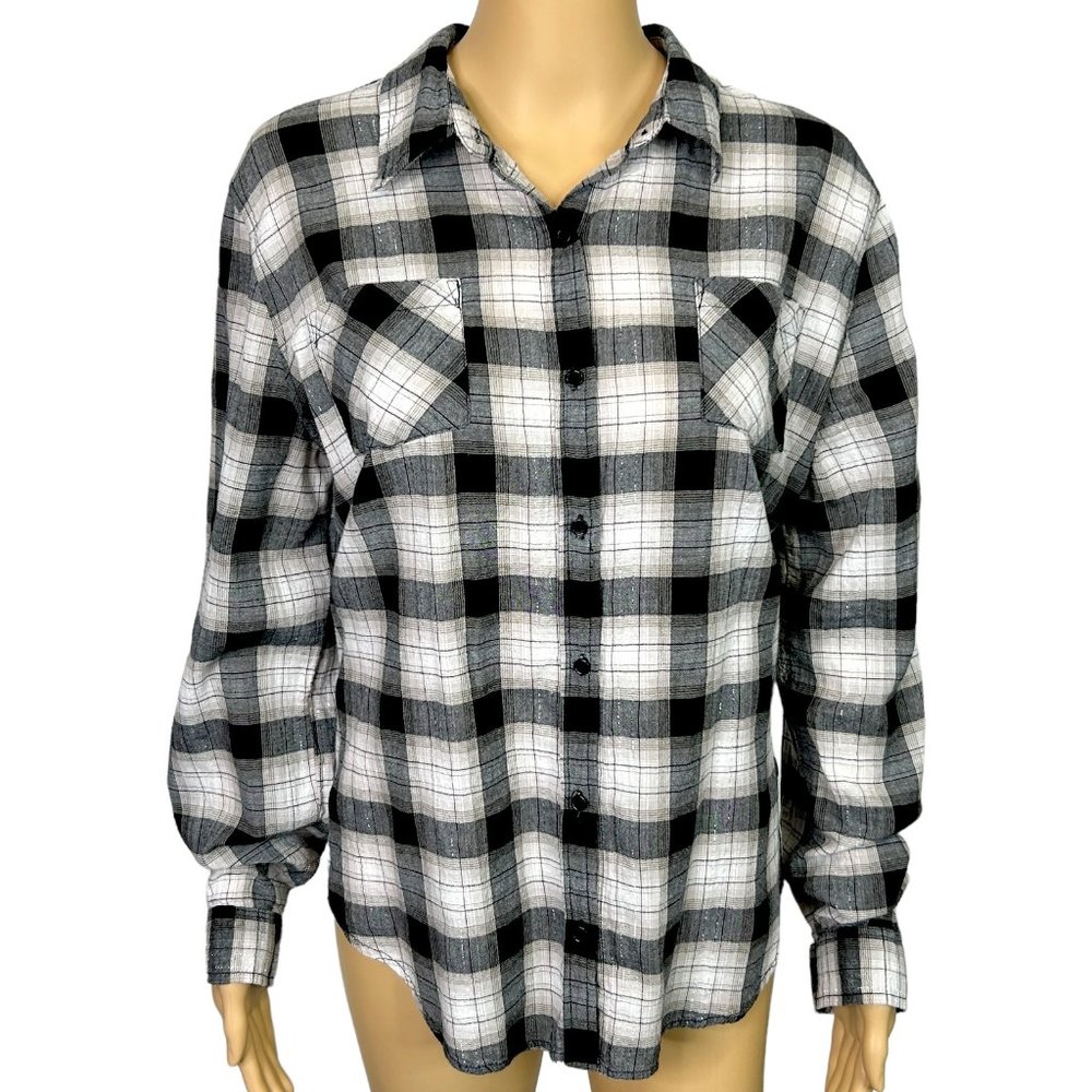 Mossimo Supply Co Womens XXL Black & White Plaid Button Up Pockets Shirt Blouse
